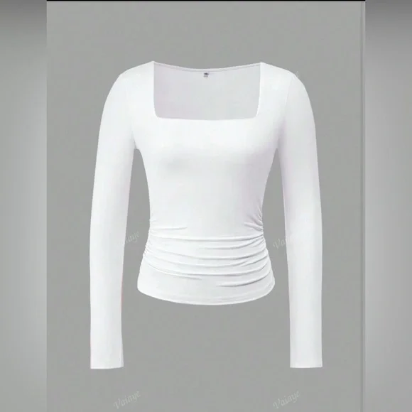 Ladies' Summer Knitted Square Neck Waist Cinching Sexy Y2K Base T-Shirt - Picture 3 of 4